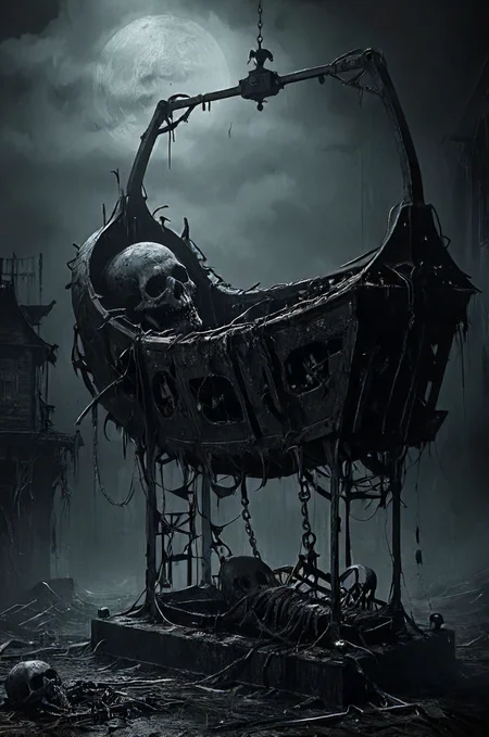 mechanical cradle, eerie, dark, <lora:Futuristic_Retro_Vibes:0.2>, <lora:Neon_Cyberpunk_Impressionism_SDXL:0.2>, <lora:EnvyNIghtmareXL01:0.2>, <lora:tbh219-sdxl:0.2>