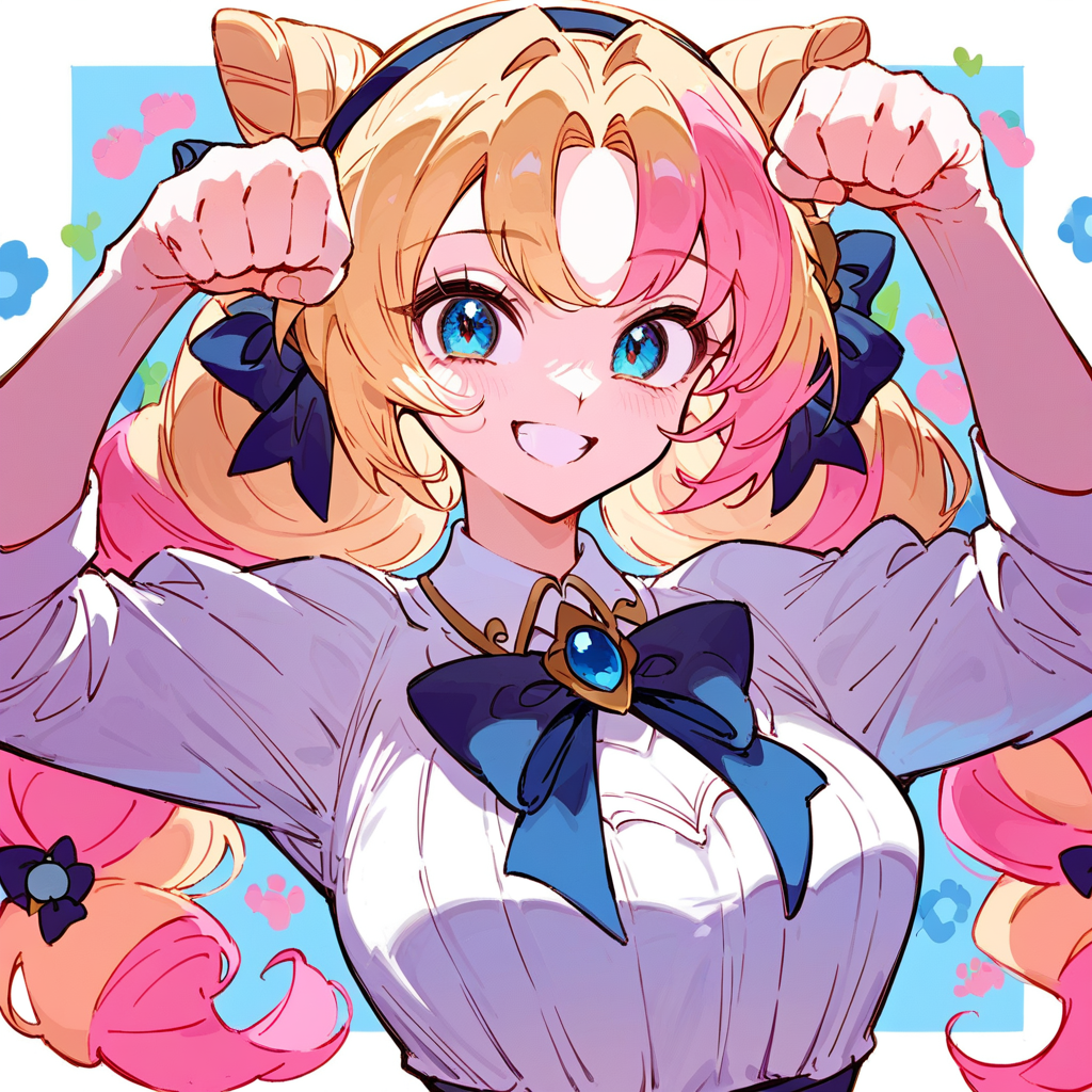 score_9, score_8_up, score_7_up, score_6_up, score_5_up, score_4_up,
1girl, gwen_cafe_cuties, blue eyes, multicolored hair, blonde hair, pink hair, paw pose, smile, 
 <lora:gwen_cafe_cuties_pony_v1:1>