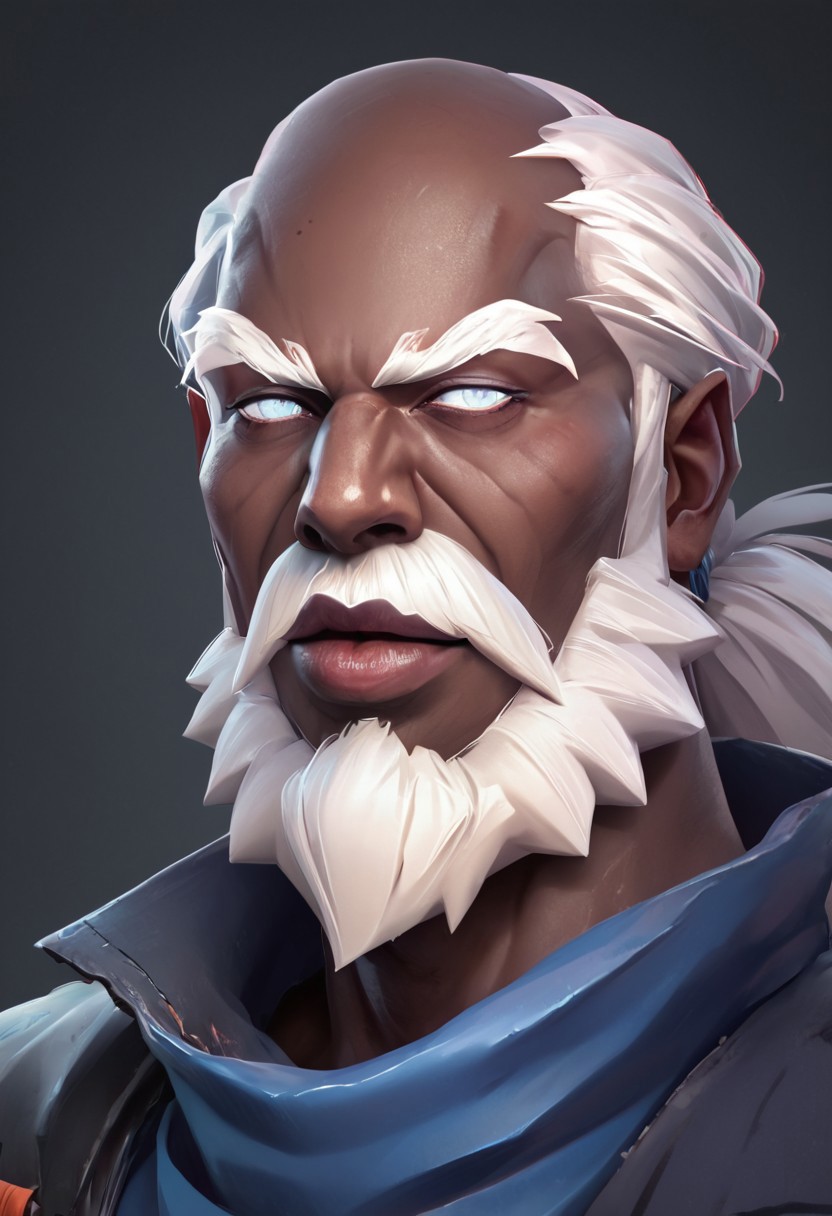 score_9, score_8_up, score_7_up concept art, digital art, realistic, portrait, 1 boy, EarthbreakerGroon, old man, white hair, old, dark skin, dark-skinned male, blind, blind eyes, white eyes,