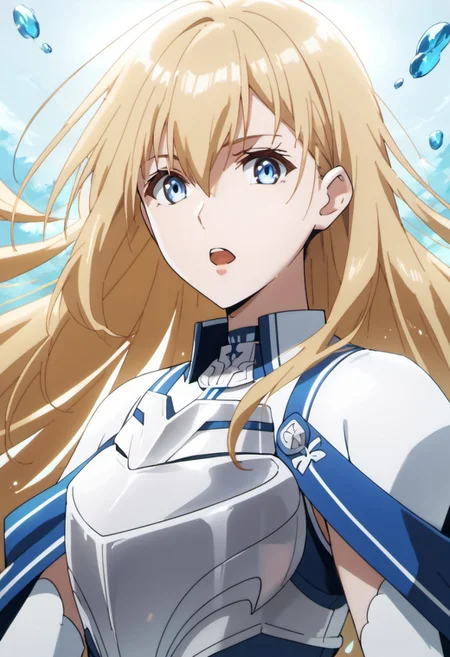 score_9, score_8_up, score_7_up, source_anime,roxy hart, blonde hair, long hair, blue eyes, 1girl, solo, open mouth, armor, hair between eyes, looking at viewer, floating hair, upper body, breastplate, anime coloring, shiny hair, very long hair