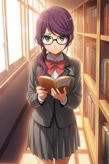 masterpiece, best quality, amazing quality,
 <lora:Junna_IL:1> junna, 1girl, solo, green eyes, skirt, holding, book, glasses, indoors, school uniform, shirt, black-framed eyewear, long hair, purple hair, jacket, bow