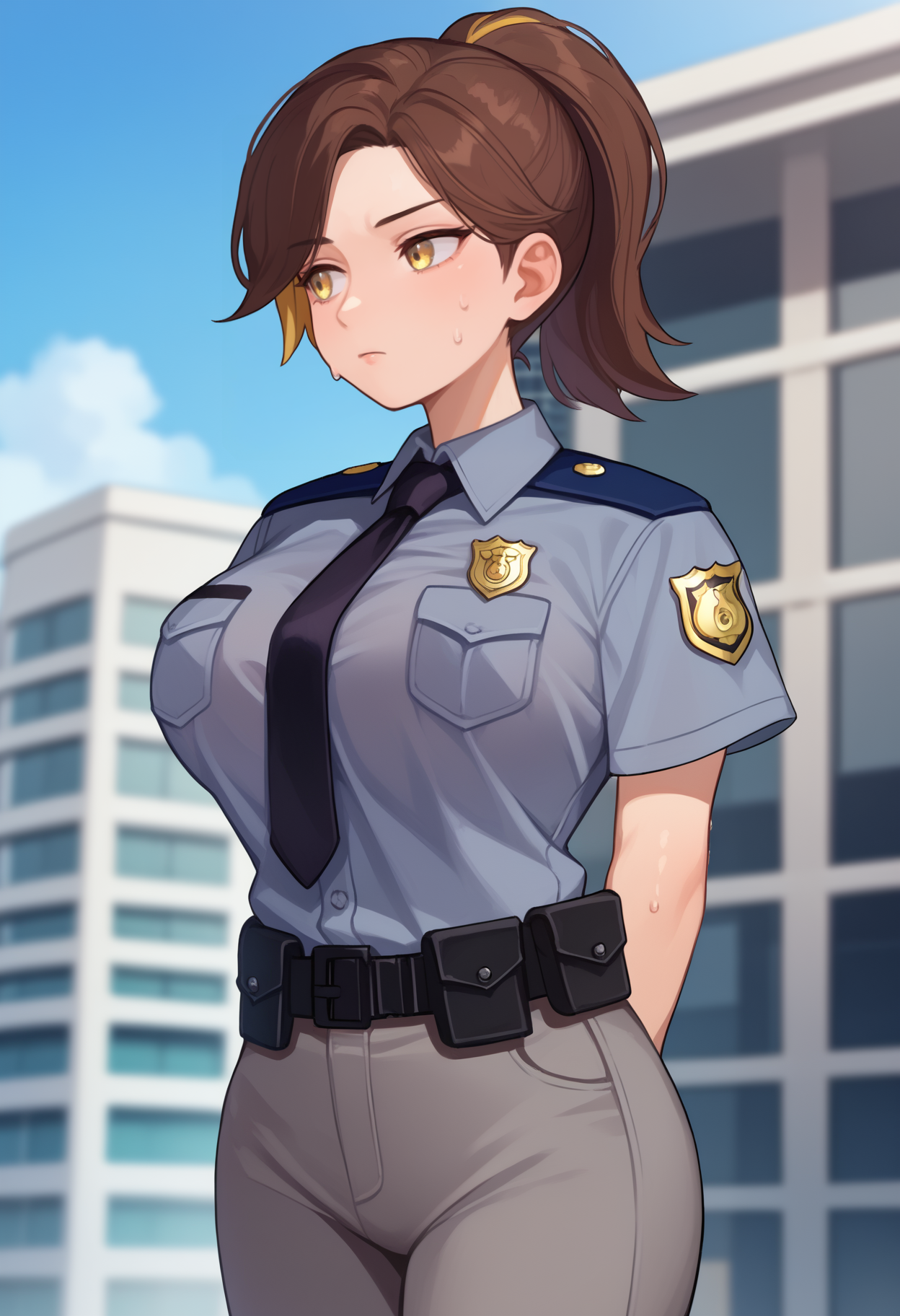 score_7_up, score_6_up, <break> solo, 1girl, sweat, expressionless, looking away, standing, arms behind back, two-tone hair, brown hair, ponytail, yellow eyes, police uniform, grey shirt, collared shirt, breast pocket, black necktie, badge, short sleeves, grey pants, belt, large breasts, blue sky, outdoors, city
 <segment:yolo-face_yolov8m.pt,0.4,0.5//cid=1>