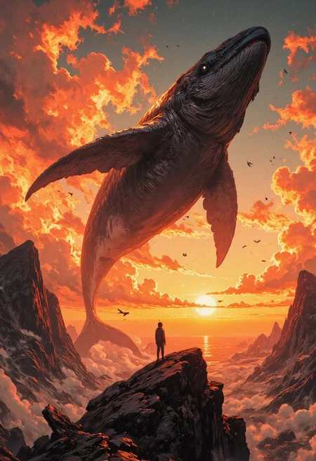 A breathtaking surreal scene of a giant whale soaring through the sky, surrounded by vibrant, golden-orange clouds during sunset. A young boy stands fearlessly on a rugged mountain peak, gazing at the majestic creature. The atmosphere is filled with a dreamy, magical light, highlighting the contrast between the massive whale and the small figure of the boy. Birds fly in the distance, adding depth to the ethereal landscape. High detail, cinematic lighting, fantasy art, ultra-realistic textures