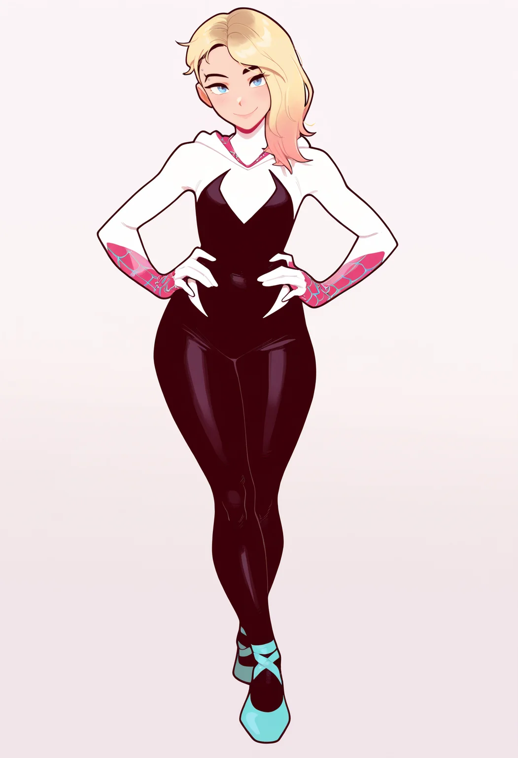 masterpiece, best quality, very aesthetic, absurdres,
1girl, gwenstacy, blonde hair, blue eyes, asymmetrical hair, eyebrow piercing,
hooded bodysuit, ballet shoes, spider web print,
hands on hips, smile, full body, solo, looking at viewer, standing, simple background, white background <lora:GwenStacyNoobXL_byKonan:1>