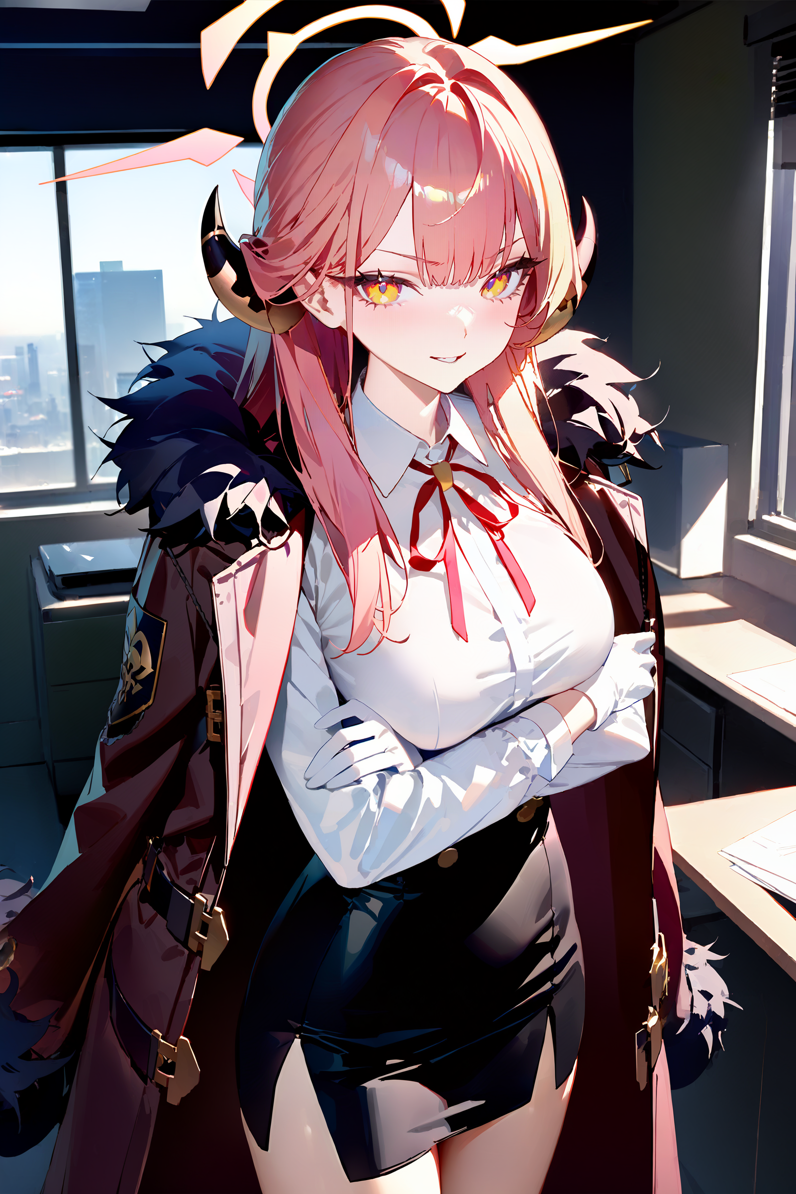 masterpiece, best quality, very aesthetic, ray tracing, newest,(hitenkei, askzy:0.5), 1girl, aru \(blue archive\), solo, halo, horns, high-waist skirt, white gloves, white shirt, fur-trimmed coat, neck ribbon, crossed arms, looking at viewer, evil grin, standing, cowboy shot, office, indoors, blurry background  <lora:quality1:0:hr=2>,  <lora:Char-BlueArchive-Aru-XL-V1:0.9>