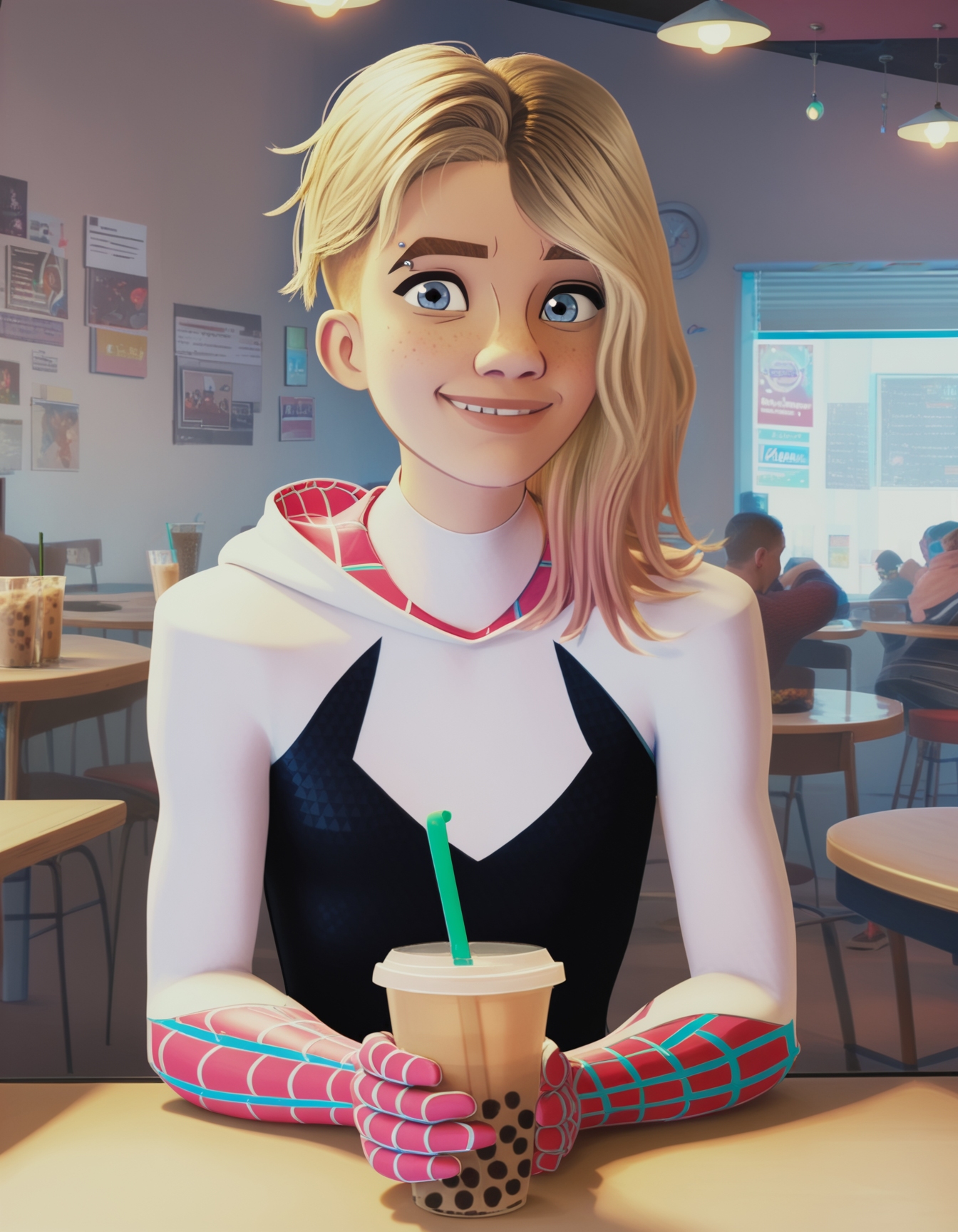 score_9,  score_8_up, score_7_up, <lora:gwnstc-v1-32:1> (photo of gwnstc), blonde hair with pink dip-dye, undercut bob, blue eyes, eyebrow piercing, hooded hero bodysuit,
1girl, bubble tea, relaxing, light smile, indoors, cafe