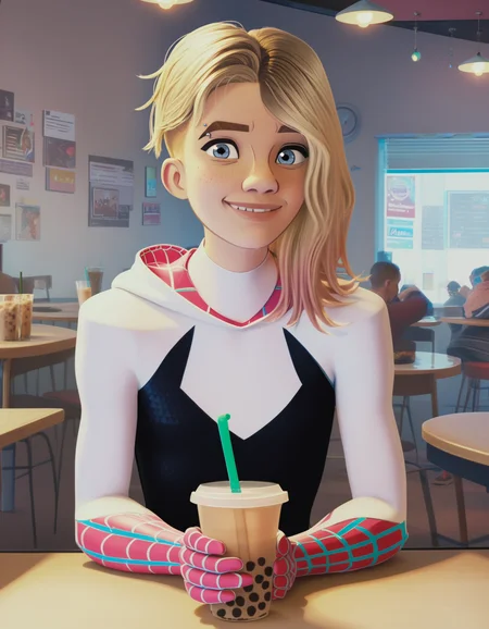 score_9, score_8_up, score_7_up, <lora:gwnstc-v1-32:1> (photo of gwnstc), blonde hair with pink dip-dye, undercut bob, blue eyes, eyebrow piercing, hooded hero bodysuit,
1girl, bubble tea, relaxing, light smile, indoors, cafe