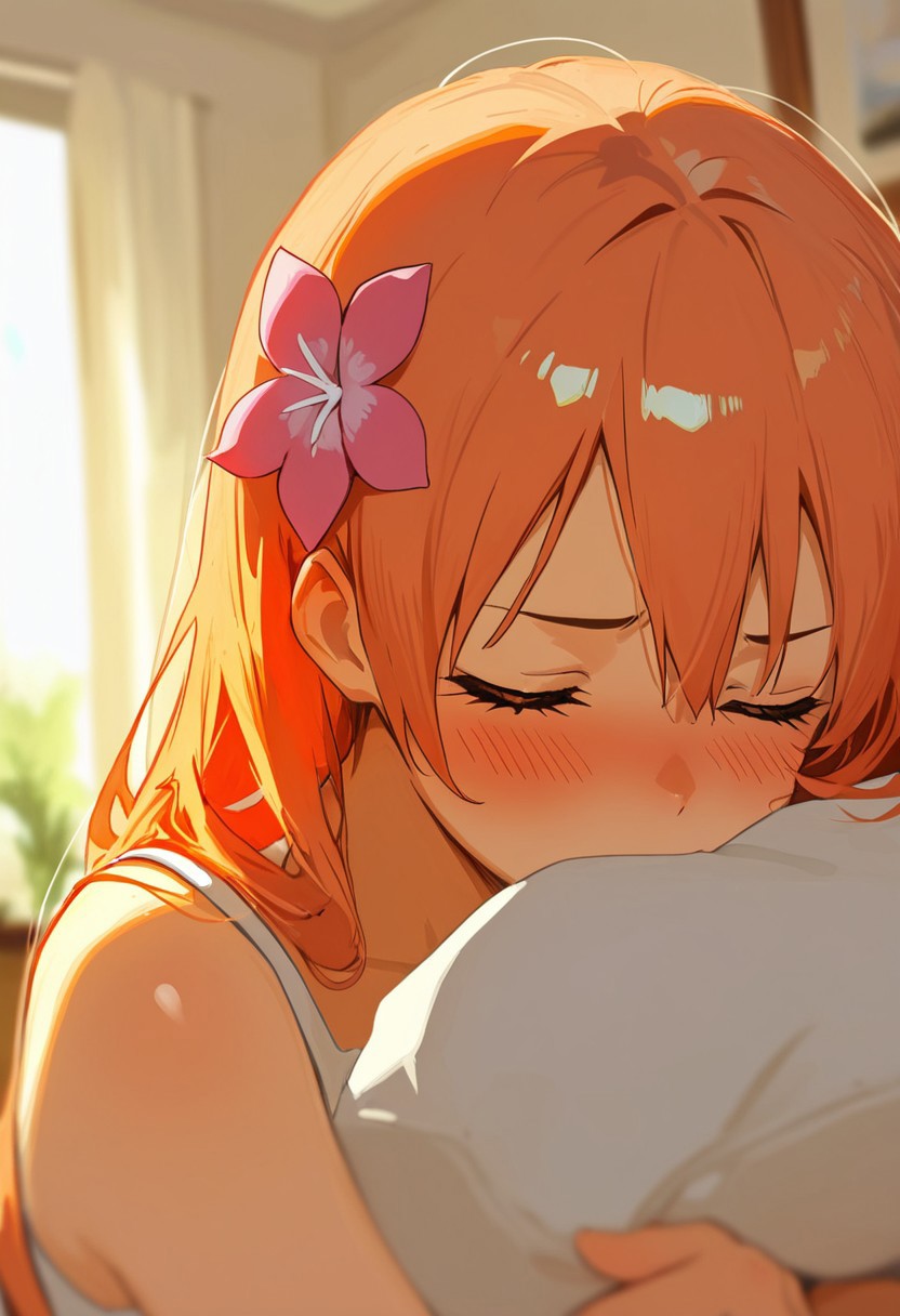 ,masterpiece, very aesthetic,8k,masterpiece, best quality, yukahana, blush, 1girl, closed eyes, solo, hair ornament, flower, orange hair, hair flower, at her room , impressionism 1.5, high detail, depth of field, blurred background, dramatic lighting