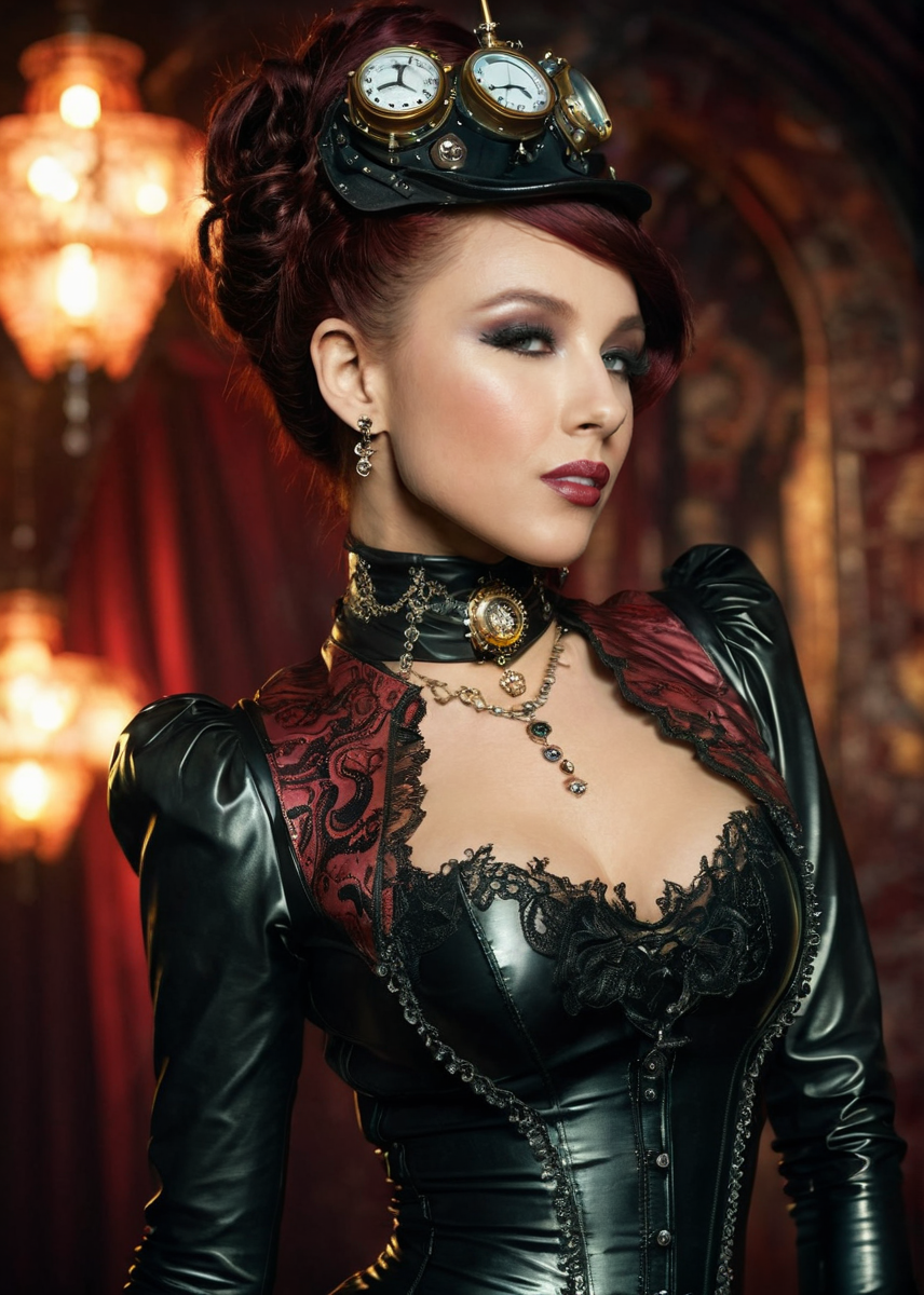 masterpiece, best quality, dark environment, (steampunk:1.5), a woman, (colored latex with lace), turtleneck, (jewelry, earrings, necklace), burlesque, sexy, (((full body))), 8K, extremely detailed, decorated clothing, dragon, bloodwave, dynamic, great lighting, perfect shading, depth of field, soft side light, very detailed glowing background, <lora:MS_DaniWoodward_V1_SDXL:0.8>, <lora:add-detail-xl:0.8>