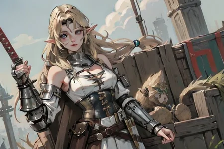 masterpiece, best quality, sharp focus, 8K, ultra-detailed, chara-sheet, 1women, solo, full body ((masterpiece: 1.4, perfect face, best quality: 1.2)), ultra highly detailed face, ((hazel eyes, extremely detailed eyes, eye makeup, sexy eyes)), <lora:BarbarianT-18:0.8>, BarbarianT, (muscular:1.3), ((muscular female, bare strong muscular abs, bare muscular shoulders)), medieval, women warrior with elf ears, devilish grin, ((armor, large pauldrons, faulds, bracers, armor greaves)), ((wide puffy sleeves, stiped sleeves)), ((fur, crop top, large breasts, cleavage)), ((wide baggy pants trousers, striped pants)), ((tassel belt, tribal accessories, green lioncloths, fur trim)), ((brown leather hip belt, pouch on belt, long sword)), leather gloves, (fur trim), leather boots, ((delicate hair details, blonde hair, hair braids, Dutch Braid, very long thick shag hair)), nordic, fantasy aesthetic, brown tones, (flat saturated colors), fine details, intense, (sharp focus), (lineart:1.1), CharacterSheet, (multiple views: 1;2), full body ((simple background, white background)), reference sheet