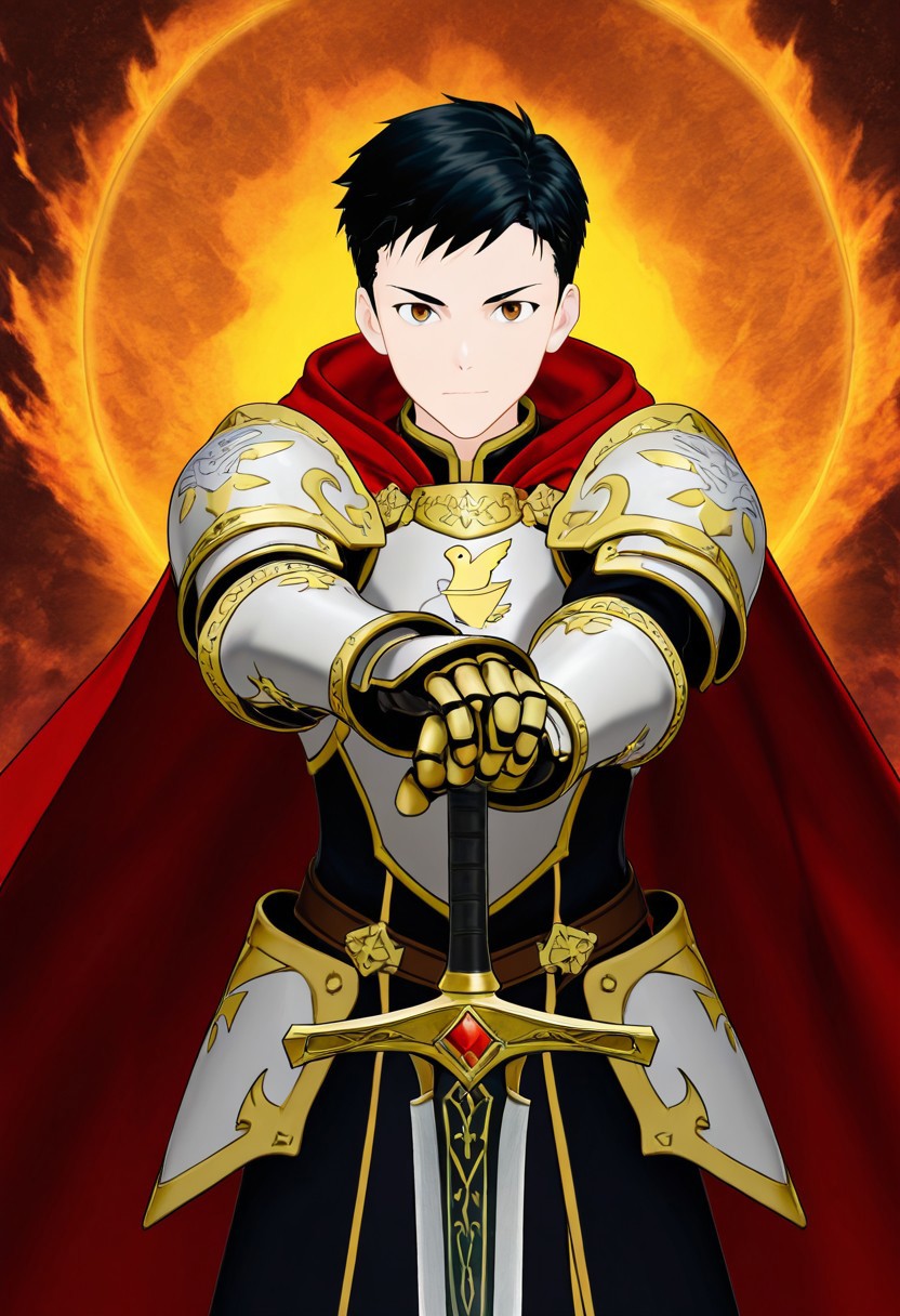 harmard, black hair, short hair, brown eyes, 1boy, solo, solo focus, young, youthful, he is dressed in a suit of dark iron platemail. Break. his right hand is holding up a black coloured sword, Properly holding the sword by the hilt, right hand up, brandishing a sword, his armour bears a crest of a yellow dove. fantasy armour. stylized silver dove emblems and symbols on armour and sheild. Break. epic background is a a beautiful palace. a strong wind is blowing his cape, white coloured armour, ready to fight pose, dawn sky in the background