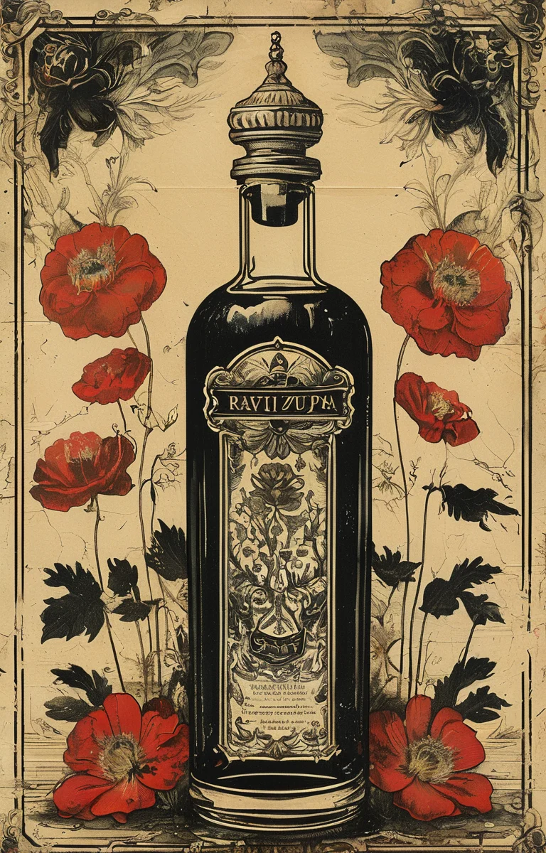 masterpiece,best quality,<lora:tbh238-sdxl:0.9>,illustration,style of Ravi Zupa, A bottle of perfume in garden