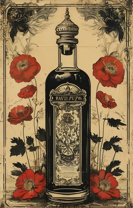 masterpiece,best quality,<lora:tbh238-sdxl:0.9>,illustration,style of Ravi Zupa, A bottle of perfume in garden