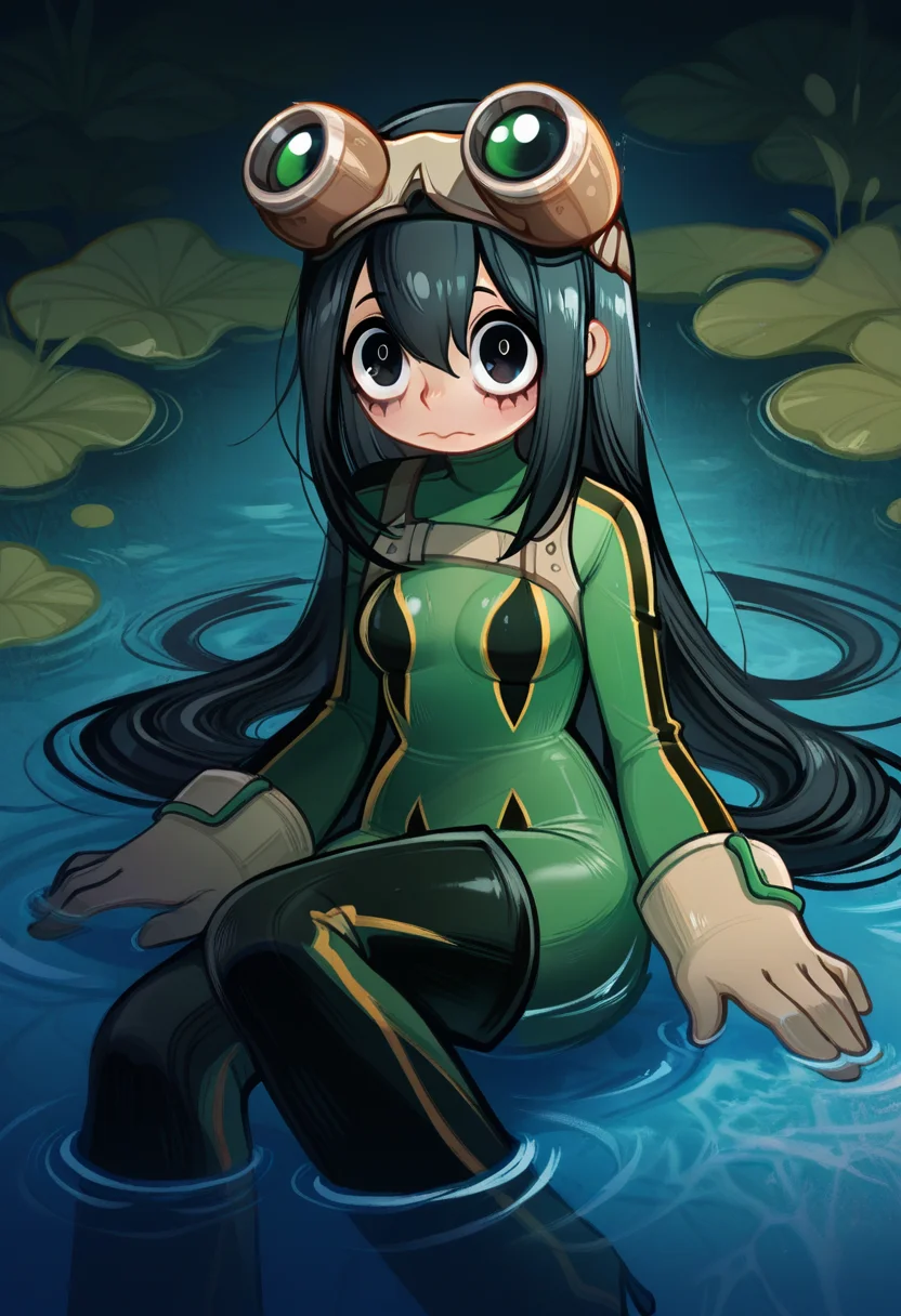 d0p4style,  masterpiece,  best quality, solo,  Tsuyu Asui,  textured, sitting in water, water pond,  sultry, big eyes, black hair, GREEN BODYSUIT, GOGGLES, small breasts,ird, wide eyes,