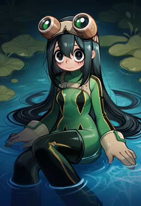 d0p4style, masterpiece, best quality, solo, Tsuyu Asui, textured, sitting in water, water pond, sultry, big eyes, black hair, GREEN BODYSUIT, GOGGLES, small breasts,ird, wide eyes,