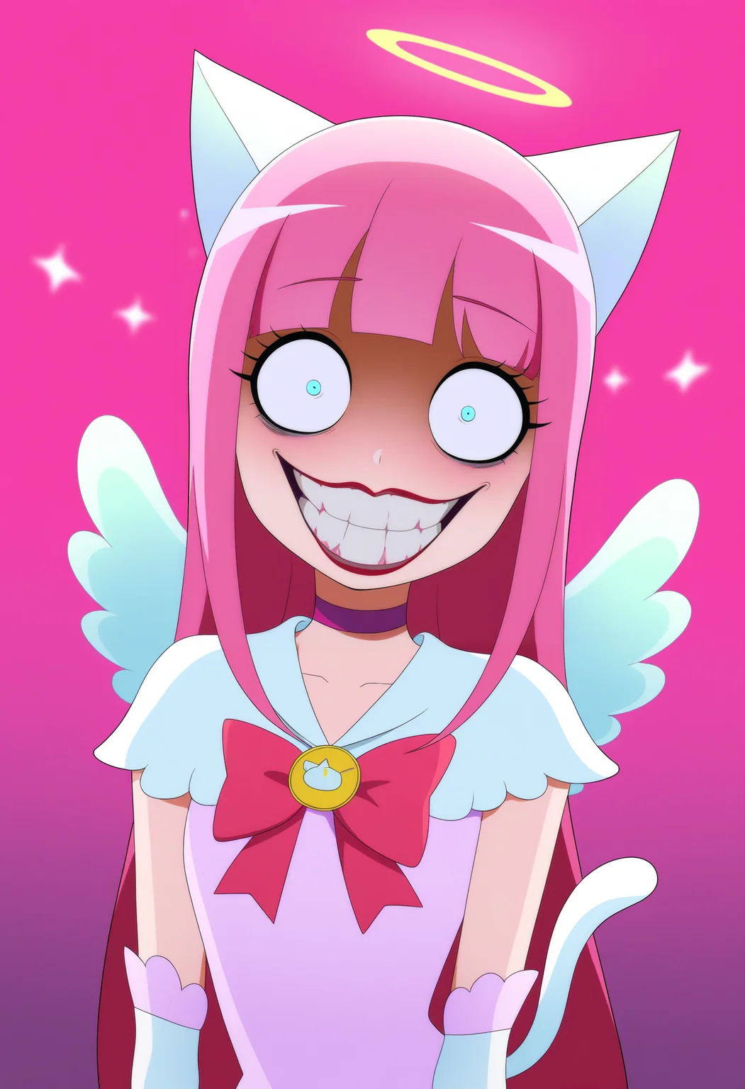 best quality, amazing quality, very aesthetic, absurdres,
jokerized, smile, grin, teeth, red lips, constricted pupils, crazy eyes,
1girl, angel wings, animal ears, blue eyes, cat ears, cat girl, cat tail, dress, long hair,
looking at viewer, magical girl, pink hair, pink theme, solo, tail, wings, yume kawaii, yume ne, <lora:JokerizedNoobXL_byKonan:1>