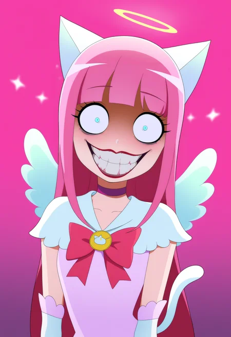 best quality, amazing quality, very aesthetic, absurdres,
jokerized, smile, grin, teeth, red lips, constricted pupils, crazy eyes,
1girl, angel wings, animal ears, blue eyes, cat ears, cat girl, cat tail, dress, long hair,
looking at viewer, magical girl, pink hair, pink theme, solo, tail, wings, yume kawaii, yume ne, <lora:JokerizedNoobXL_byKonan:1>