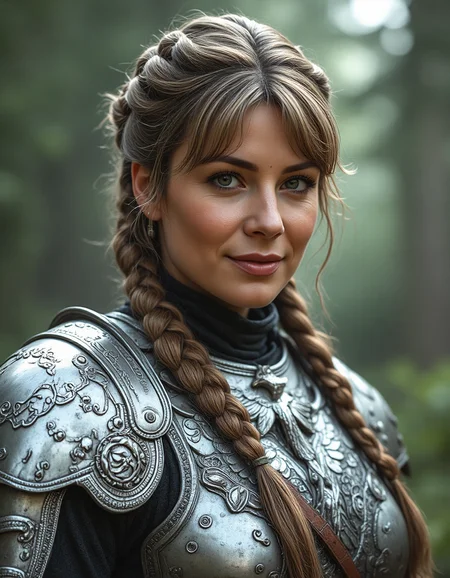 photography, detailed, fantasy background, showing a forest, Forground: A woman, 40 years old, (wrinkles:0.75), wearing filigree mage armor outfit depicting a silver eagle, european, long hair with front bangs, side bangs, and a long braided ponytail