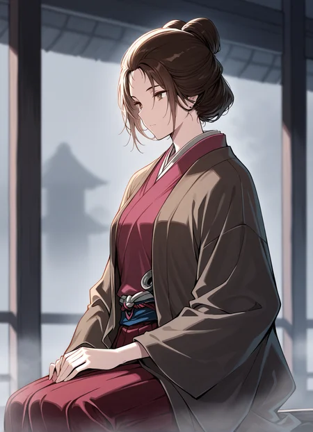 masterpiece,best quality, 1girl, sitting, blurred background, (fog:1.2), indoors, solo, EmmaSekiro, brown eyes,, <lora:EmmaSekiro:1>