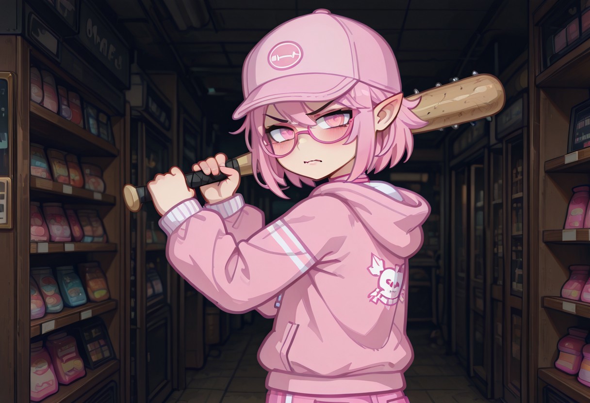 masterpiece,best quality,amazing quality,gacha, gacha, Gacha, GachaPinkprinc666, Pinkprinc666, 1boy, Pink eyes, striped pink cap,pink hair, pink pants, pointy ears, Pink hoodie, glasses, shop cel-shading, store,  (dark:1.5), backlit, (upper body shot), holding baseball bat, angry face, aggressive pose, angry pose, dynamic pose