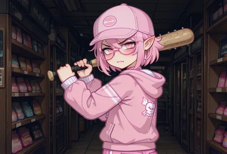 masterpiece,best quality,amazing quality,gacha, gacha, Gacha, GachaPinkprinc666, Pinkprinc666, 1boy, Pink eyes, striped pink cap,pink hair, pink pants, pointy ears, Pink hoodie, glasses, shop cel-shading, store, (dark:1.5), backlit, (upper body shot), holding baseball bat, angry face, aggressive pose, angry pose, dynamic pose