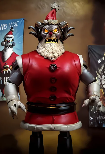 r0b0t_s4nta_c1aus, robot santa claus vs krampus, robot santa on the left, and krampus on the right,dramatic face-off, intense boxing poster, epic anime movie poster