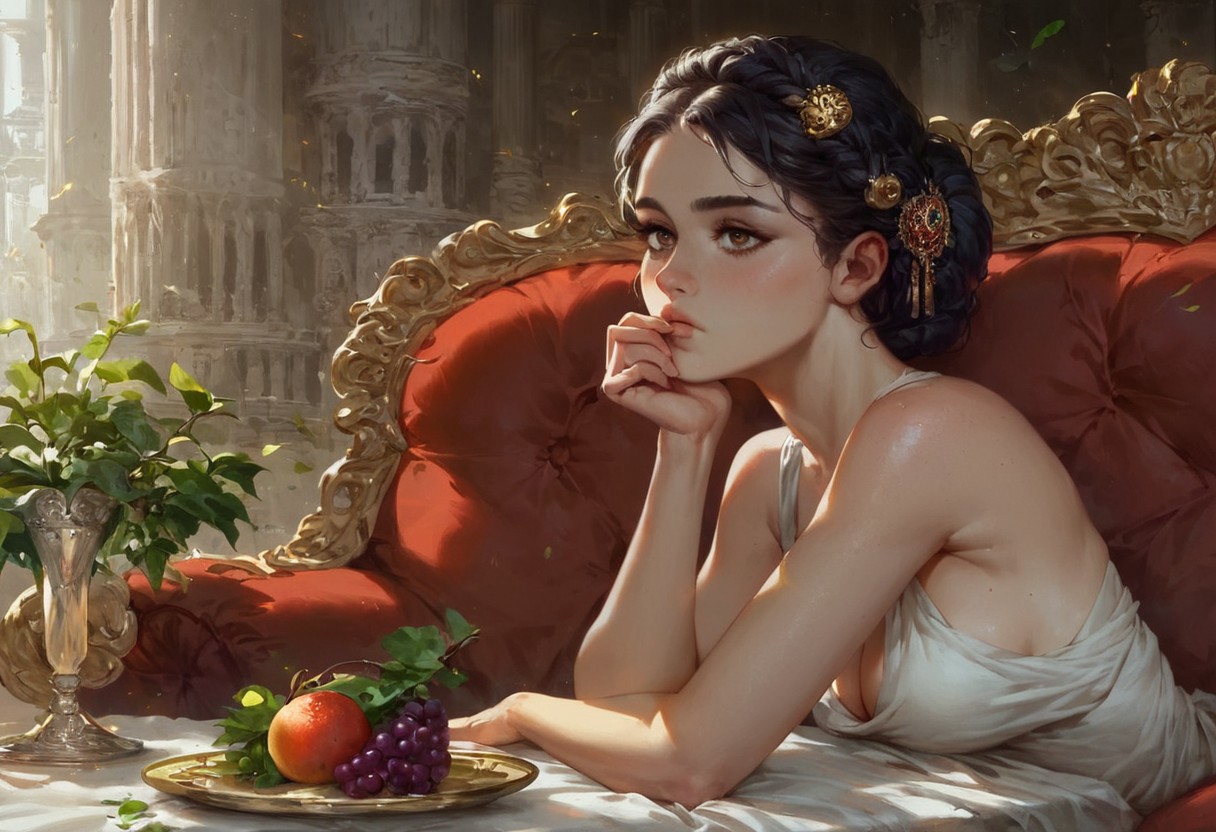 score_9, score_8_up, score_8_up, 1girl, 20 year old, slender,  Roman marble columns, Roman palace, Mediterranean features, gorgeous, bored, sleepy, lightly tanned, on red sofa, dark hair, beams of light, soft lighting, golden hairpin in hair, detailed brown eyes, braid, loose white toga, cleavage, bare thigh, on greek sofa, golden light, light particles, fruits on a platter on table, eating grapes, close up, from side, detailed skin, detailed face, incredible image, dynamic, artistic,
