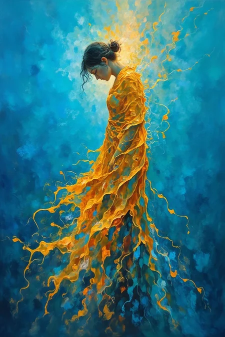 In an abstract expressionist painting, a lone figure emerges from a cerulean abyss, draped in a flowing shawl of deep amber. Her introspective posture, with head bowed, is accentuated by swirling ribbons of luminous teal that trace her silhouette, emphasizing every curve with dreamlike precision. Warm golden hues contrast against the cool blue background, creating a serene yet intense atmosphere that captures a moment of profound introspection and transformation. The interplay of vibrant colors and fluid brushstrokes weaves an unspoken narrative of raw emotion and self-discovery.