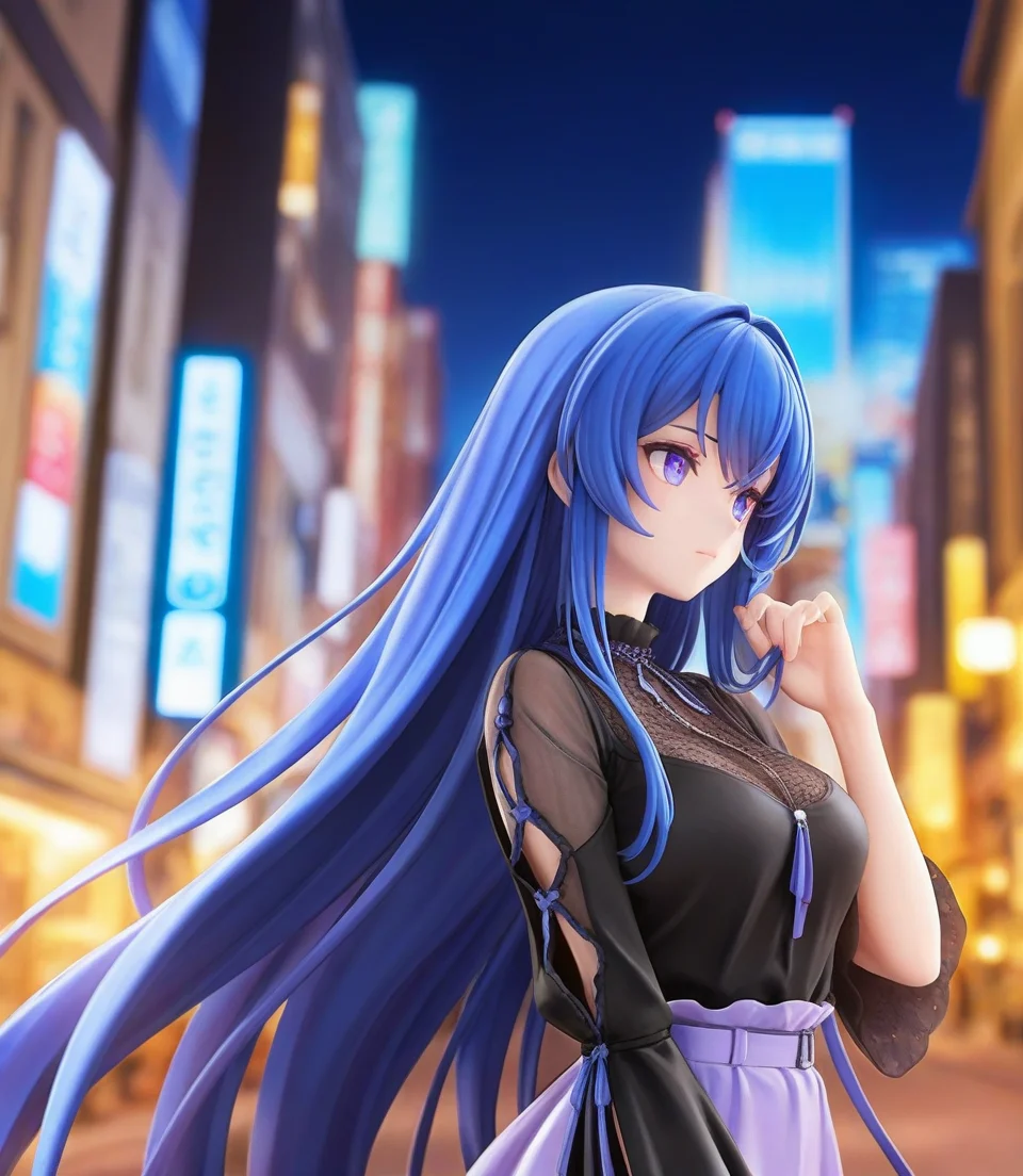 1girl,masterpiece,high quality,best quality,beautiful,upper body,light purple skirt,black shirt,very long hair,blue hair,city street,night,