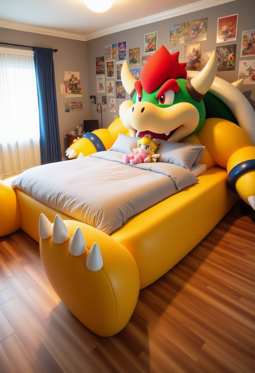 <lora:Custom_Bed_Manufacturer_FLUX:0.9> This is a photograph of a Super Mario themed bedroom with a unique, Bowser-shaped bed as the central focus, where his feet are at the foot of the bed and his body makes up the bed frame. The bed features turtle shell pillows, along with a stuffed toy of Princess Peach. The wall is full of posters of Bowser.