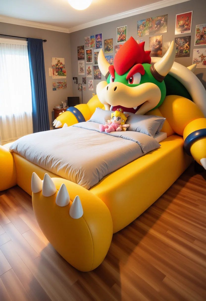 <lora:Custom_Bed_Manufacturer_FLUX:0.9> This is a photograph of a Super Mario themed bedroom with a unique, Bowser-shaped bed as the central focus, where his feet are at the foot of the bed and his body makes up the bed frame. The bed features turtle shell pillows, along with a stuffed toy of Princess Peach. The wall is full of posters of Bowser.