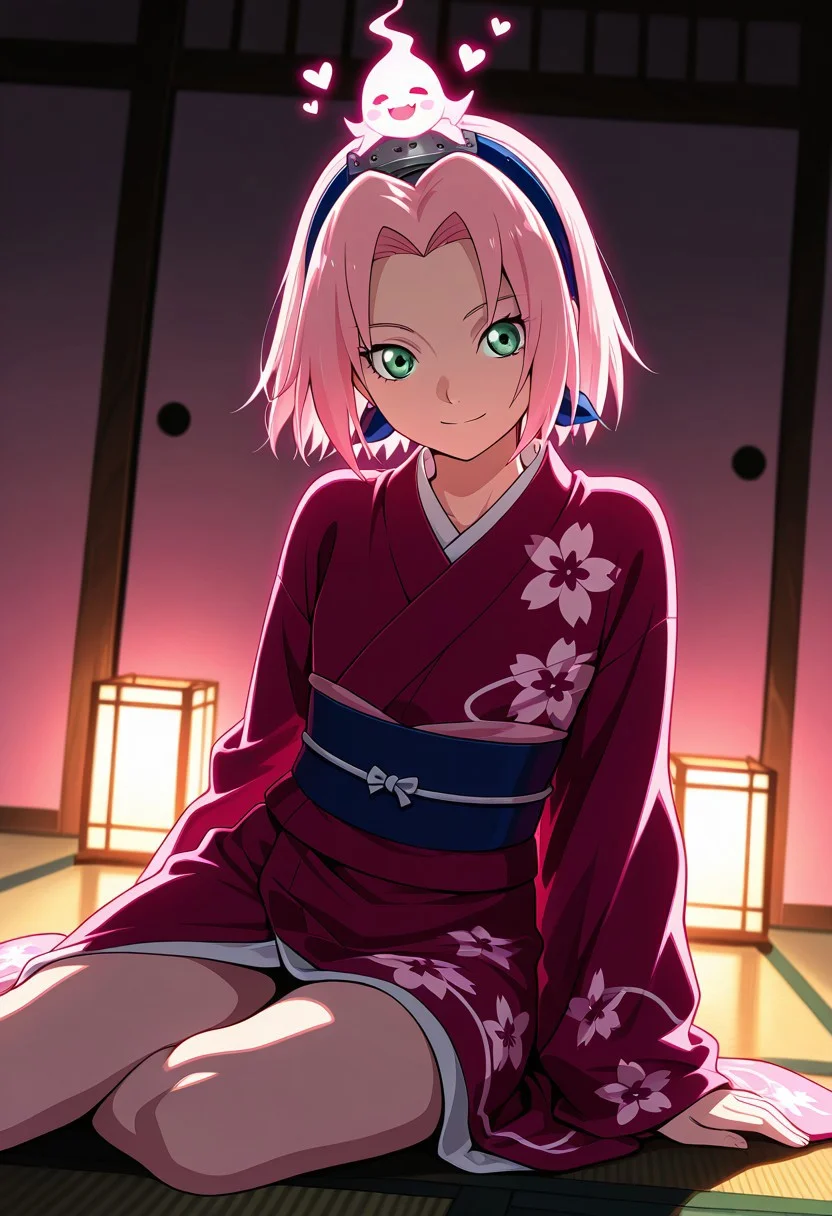 Score_9_up, score_8_up, score_7_up, source_anime, Expressiveh, perfect eyes, 1girl, solo, haruno sakura, pink hair, short hair, green eyes, slim body,Small breasts,
best quality, dynamic pose, dynamic angle, heart, looking at viewer,
she is wearing a pink and pink flower pattern kimono, light reflecting on skin, japanese garden, sunny, godrays, intense lighting, detailed background, playful pose, spirit familair, spirit on head, cheerful, happy, looking at viewer, sitting,Dynamic pink lighting,
score_9, score_8_up, score_7_up, score_6_up, score_5_up, score_4_up, masterpiece, 4K, quad HD, best quality, high quality, highres, stunning details, highly detailed, ultra detailed, extreme detail, perfect composition, very aesthetic, sharp focus, crisp details, vivid colors, soft lighting, cinematic lighting, dynamic lighting, volumetric lighting, sharp contrast, smooth shading, intricate details, cinematic color grading, clear details, harmonious composition, vibrant colors, ambient lighting, anime-style illustration, vibrant and expressive, ultra-detailed, high-resolution, smooth shading, cel shading, vivid anime colors, best quality, intricate details, elegant pose, cinematic lighting, dynamic composition, anime fantasy background, soft glow, dreamy atmosphere, stunning character design, expressive eyes, 4K HD, anime artstation trending,, ansrd