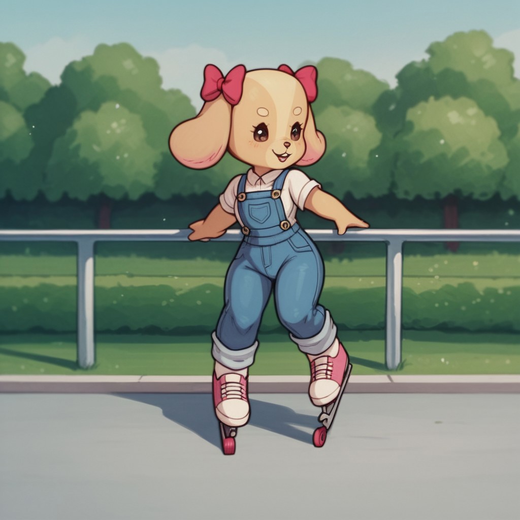 score_9, score_8_up, score_7_up, score_6_up, score_5_up, score_4_up, source_furry, RolleyCocker, anthro, female, dog, tan fur, long ears, pink ear bows, overalls, skating, in a park