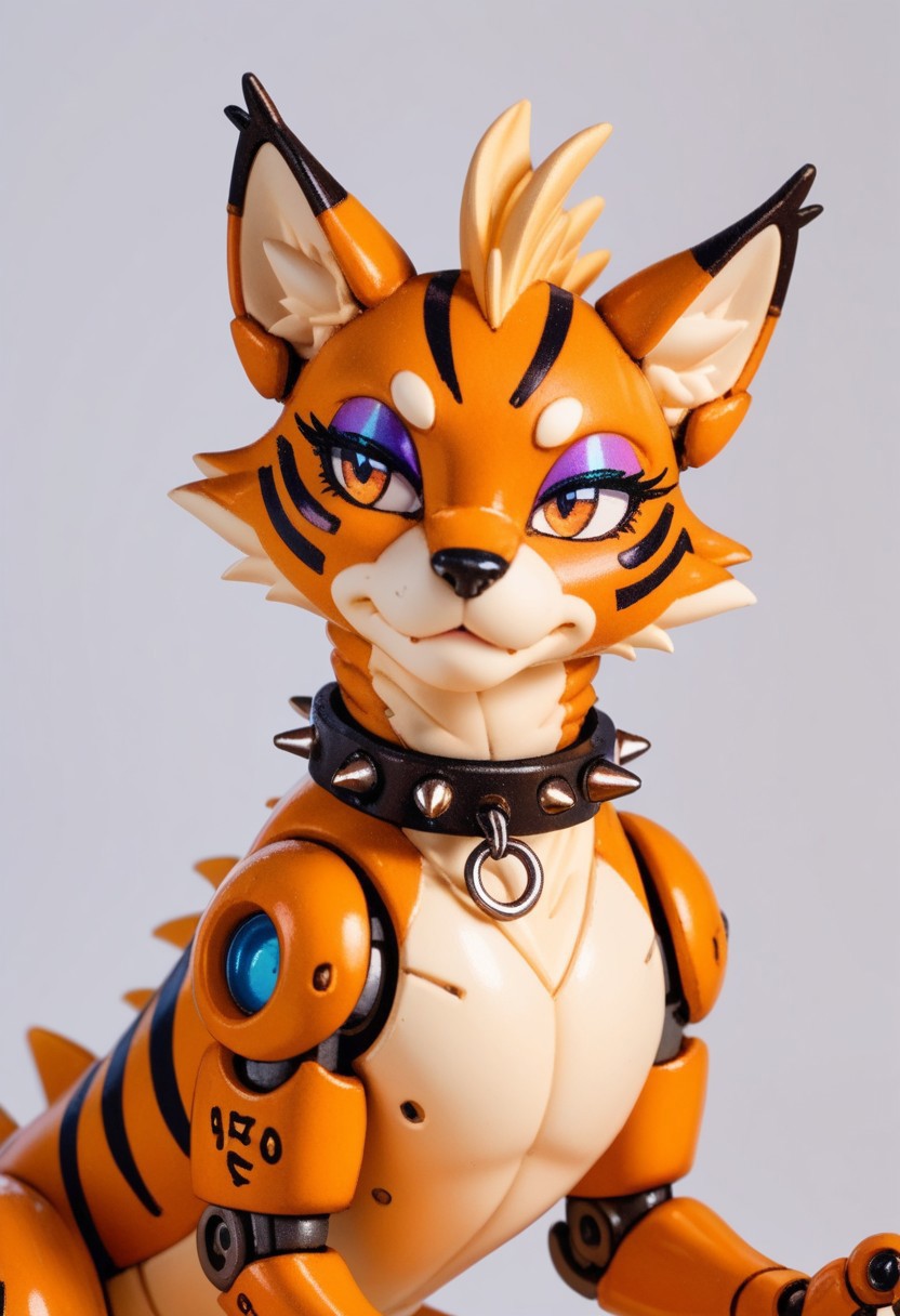 score_9, score_8_up, score_7_up, score_6_up, score_5_up, source_furry, (eyeshadow:1.6), feminine eyelashes, 1girl, female, thin waist, (spiked collar:1.4), tama, female, bobcat, cat, robot, 1girl, brown, strips, feral