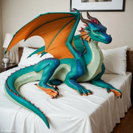 score_9, score_8_up, score_7_up, score_6_up, score_5_up, score_4_up, masterpiece, high quality, realistic, detailed, best quality, white bed, solo, rating_safe, source_furry, bedroom, smiling, seductive, looking at viewer, on bed, full body, Rainwing, dragon, ear ruffs, head fins, scales, horn, claws, wings, tail, feral, Glory, green scales, female, orange feet, green eyes, orange wings, EyeDetail