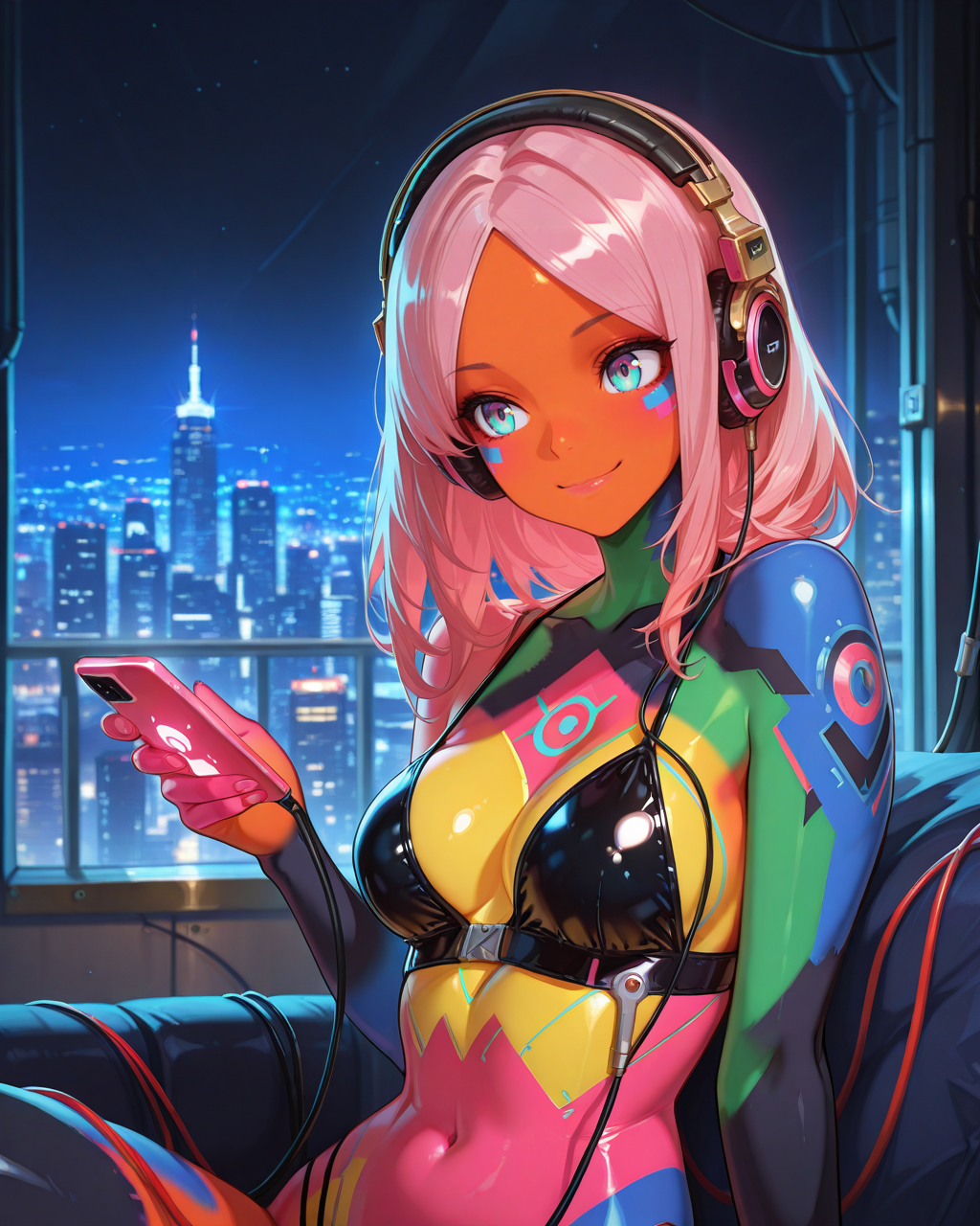 masterpiece,best quality,highres illustration,detailed face,1girl,sci-fi,<lora:multiskin_IL:1>,multicolored skin,smile,pink hair,parted bangs,latex bikini,headphones,holding smartphone,cable,night,cityscape,