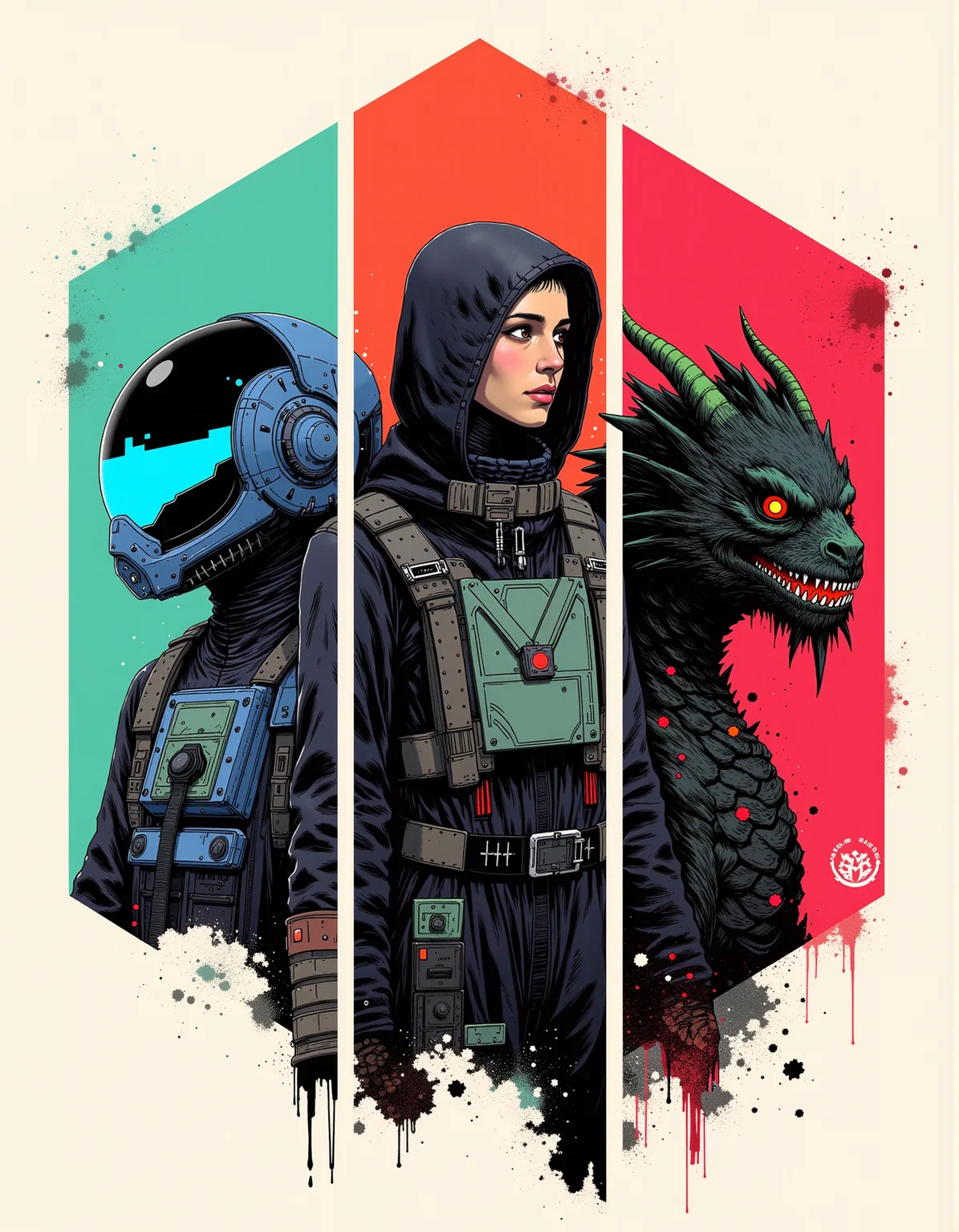 A triptych graphic illustration split into three equal geometric-shaped panels. Geometric asymmetrical division of a three-part artwork that fluidly showcases three unique fictitious characters: a mech pilot, a rogue, and a dragon monster. The mech pilot panel features a proud pilot in a sleek, blue exosuit with glowing blue theme. The rogue panel features a lithe figure clad in shadowy leather armor, with sharp features and piercing green theme. The dragon monster panel features an evil monster with scales and a deep red theme. An overall grunge, neo-seventies story arc with muted colors represents each character's lore and identity.
<lora:Glitchcore_Flux:0.4> gl1tchc0re <lora:Darkcore:0.4> darkcore <lora:Poisoncore Flux:0.4> poisoncore <lora:creepcute-000001:0.5> cr33p