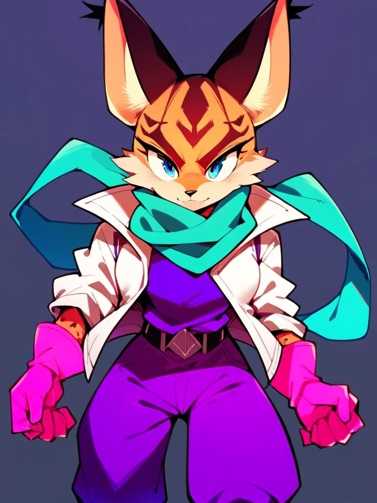 score_9, score_8_up, score_7_up, score_6_up, score_5_up, score_4_up, source_furry, Miyu-PonyXL, 1girl, solo, (white jacket, pink gloves, purple shirt, purple pants, boots, teal scarf), <lora:Miyu-V2-Pony:1>