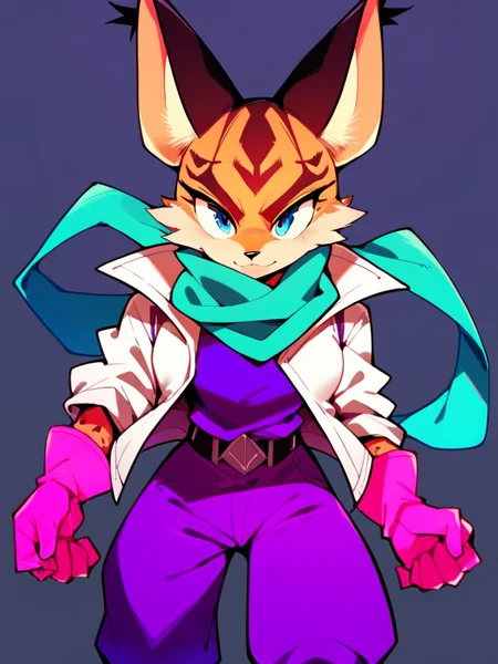 score_9, score_8_up, score_7_up, score_6_up, score_5_up, score_4_up, source_furry, Miyu-PonyXL, 1girl, solo, (white jacket, pink gloves, purple shirt, purple pants, boots, teal scarf), <lora:Miyu-V2-Pony:1>