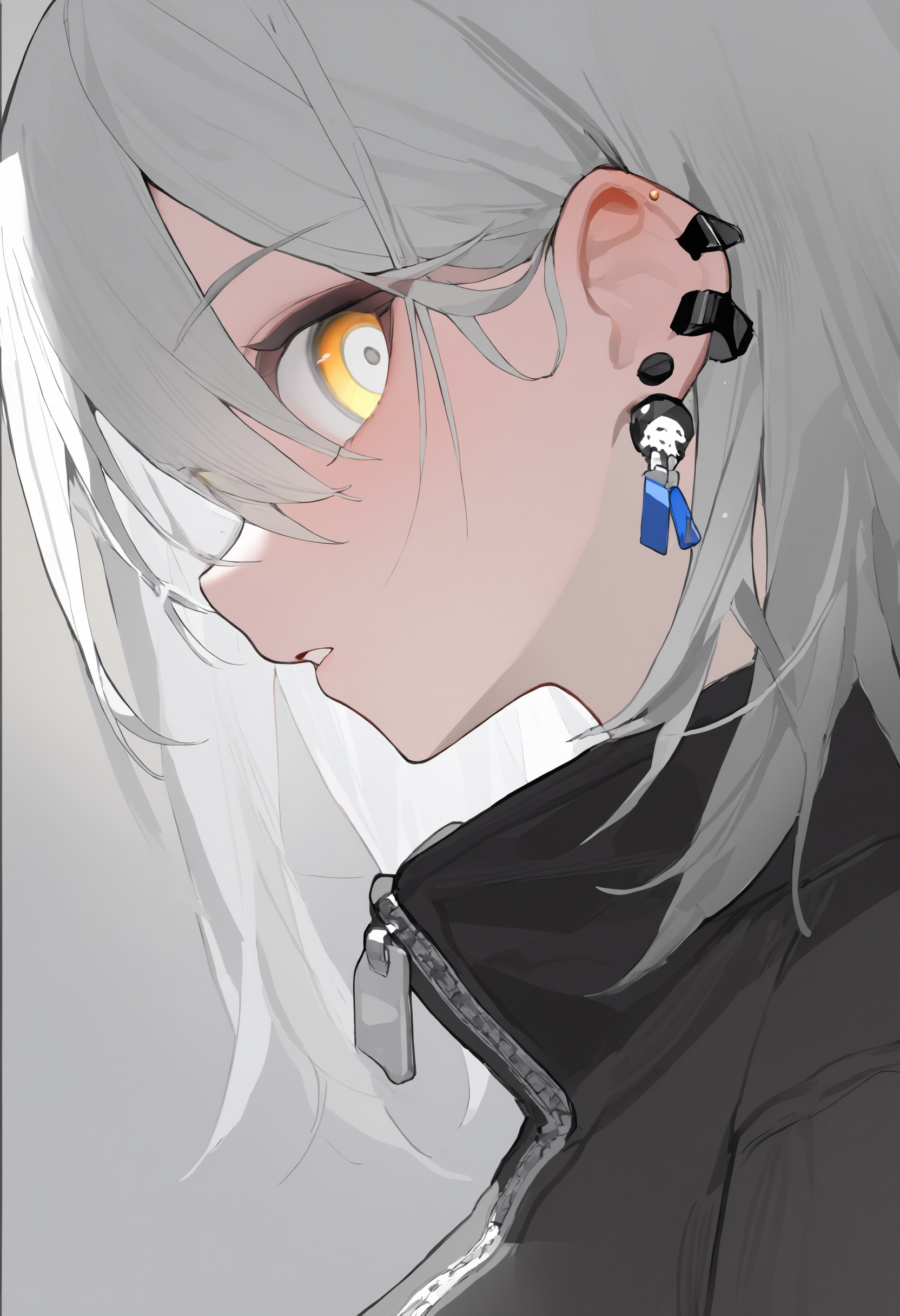masterpiece, best quality, newest, absurdres, highres, very awa, anime screencap, no lineart:1.3, sketch, simple background, solo, jewelry, looking at viewer, parted lips, earrings, hair between eyes, jacket, white hair, piercing, medium hair, 1other, yellow eyes, ear piercing, wide-eyed, black jacket, 1girl, portrait, zipper,  grey hair, black shirt, white eyes, zipper pull tab, profile, eye focus