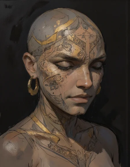 Close up portrait in Ev Ganin II style.
This is a highly detailed, surrealistic watercolor painting of a close-up of a person's upper torso and head. The subject is a bald woman with dark skin, adorned with intricate, tribal-style tattoos that cover her entire face and chest. The tattoos are done in a gold and black color scheme, with elaborate patterns and geometric designs that include symmetrical swirls, triangles, and abstract shapes. The woman's facial features are barely discernible due to the extensive tattooing, which extends from her forehead, around her eyes, and down to her lips. Her eyes are closed, and her expression is calm and serene. She wears large gold hoop earrings and has a slight smile, adding a subtle, serene expression to her face. The background is completely black, which contrasts sharply with the gold and black tattoos, making them stand out prominently. The lighting is soft and diffused, highlighting the smooth texture of the skin and the intricate details of the tattoos. The overall style of the artwork is contemporary and abstract, with a strong emphasis on geometric patterns and bold, contrasting colors. <lora:Ganin_II:1.0>