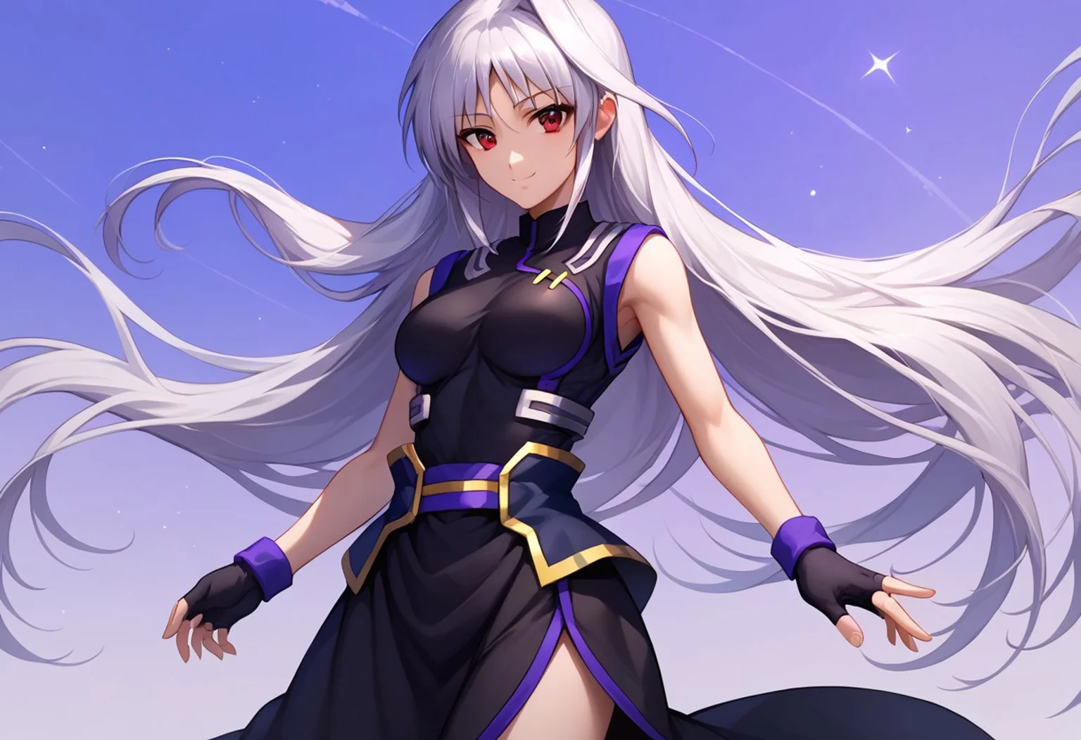 score_9, score_8_up, score_7_up, source_anime, good anatomy, 1girl, solo, Reinforce, long hair, white hair, single hair intake, red eye, long dress, black dress, sleeveless dress, side slit, purple dress trim, black corset, purple glove trim, black gloves, black metal shoes, black sock, fingerless gloves, standing, smiling