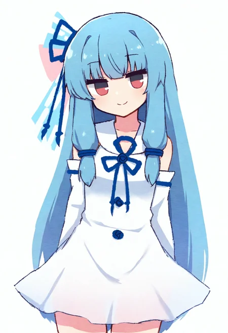 high definition, amazing quality, very aesthetic, best quality, masterpiece, highres, white background, simple background,
<lora:hibino_style_NoobAI_v1:1> hibino, 1girl, solo, looking at viewer, kotonoha aoi, white dress, detached sleeves, flat chest, smile,