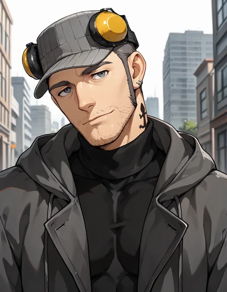 masterpiece, best quality, absurdres, newest, perfect quality, best quality, absolutely eye-catching, detailed background, intricate details, male focus, anime, 2d, solo, <lora:Persona 5 - Munehisa Iwai - Illustrious 2_1-000006:0.7>, m_iwai, 1boy, mature male, grey hair, grey eyes, long sideburns, stubble, neck tattoo, pinstripe hat, ear protection, grey long coat, black turtleneck, hood down, head tilt, come hither, looking at viewer, outdoors, city, trees, portrait, standing, head tilt