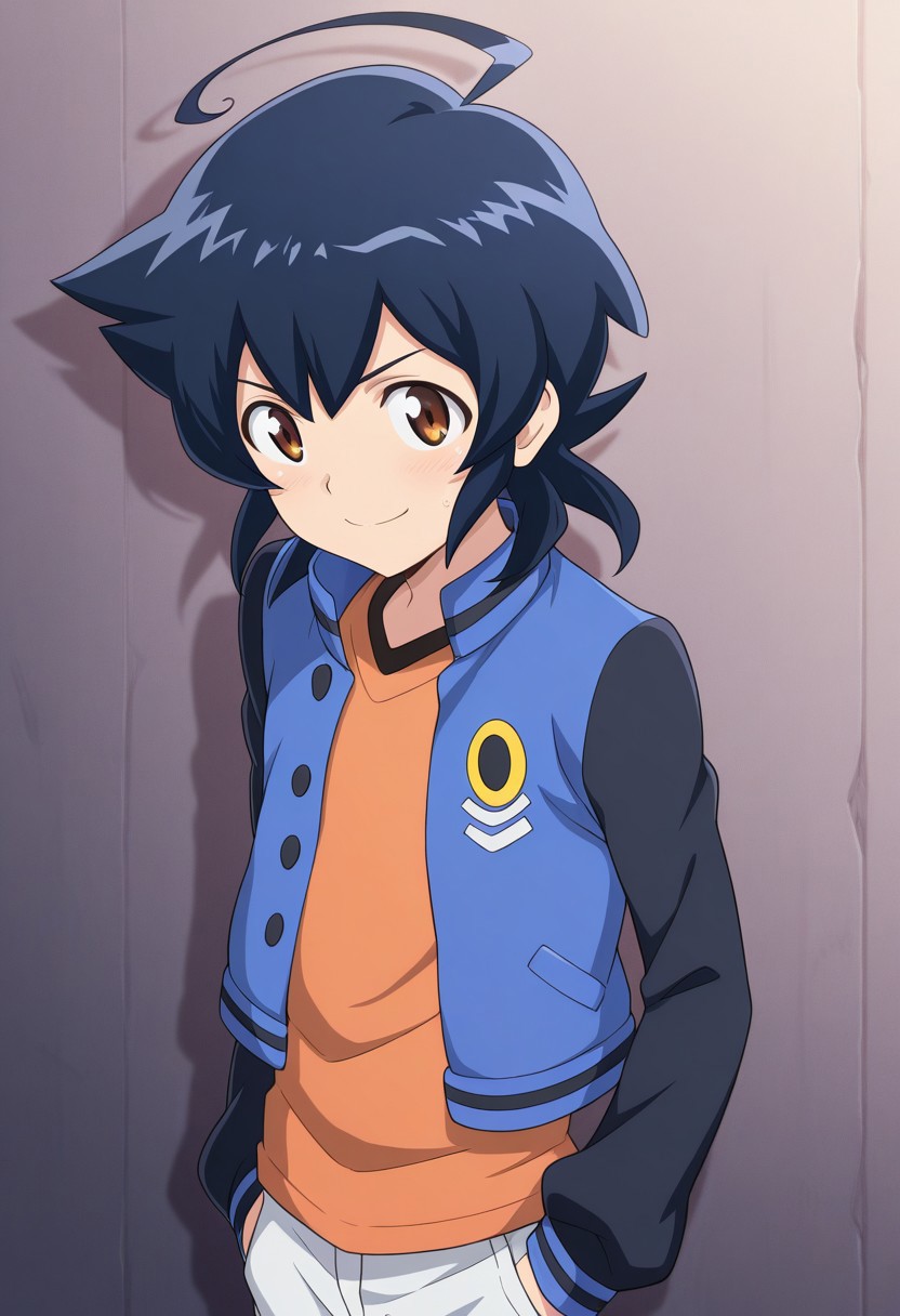 masterpiece,best quality,amazing quality, source_anime,
hirozora, 1boy, male focus, solo, brown eyes, blue hair, medium hair, ahoge, shirt, orange shirt, jacket, blue jacket, black sleeves, open jacket, smile,