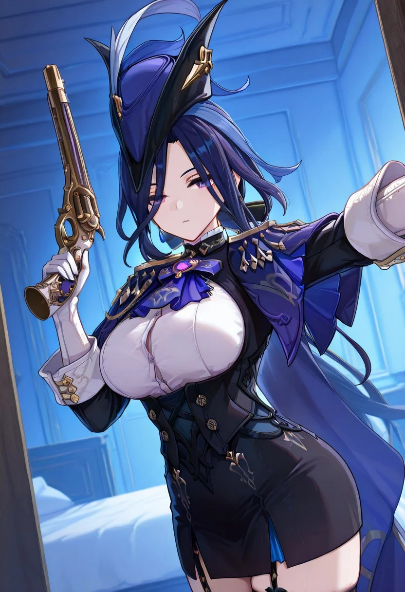 Masterpiece, ultra-detailed, best quality, 8K, illustration, absolutely eye-catching,
1girl, solo, clorinde, dark blue hair, Earring, long hair, charming visual, white shirt, cape, Black corset, black pencil skirt, holding gun, cute, large breasts, indoor, bedroom, night,kabedon on viewer, Flat expression