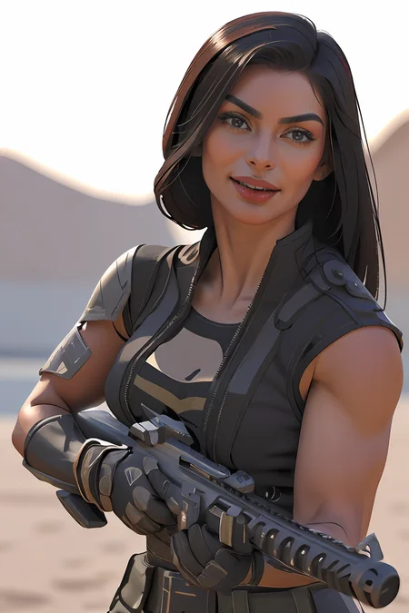 (masterpiece:1.4),(best quality:1.4)(high_resolution:1.1) ,smile, (amazon_woman wearing tactical_assaut t-shirt gloves holding assault rifle), ((cute face)), black hair, ((upper body)), ((red lipsick)),
<lora:BrazilianWomanAmazon_V1.0:1>, <lora:TacticalAssautV1:0.7>,
<lora:muscle_slider_v1:2>,
<lora:weight_slider_v2:-1>,
<lora:hair_length_slider_v1:1>
<lora:HK416-v2:0.6>