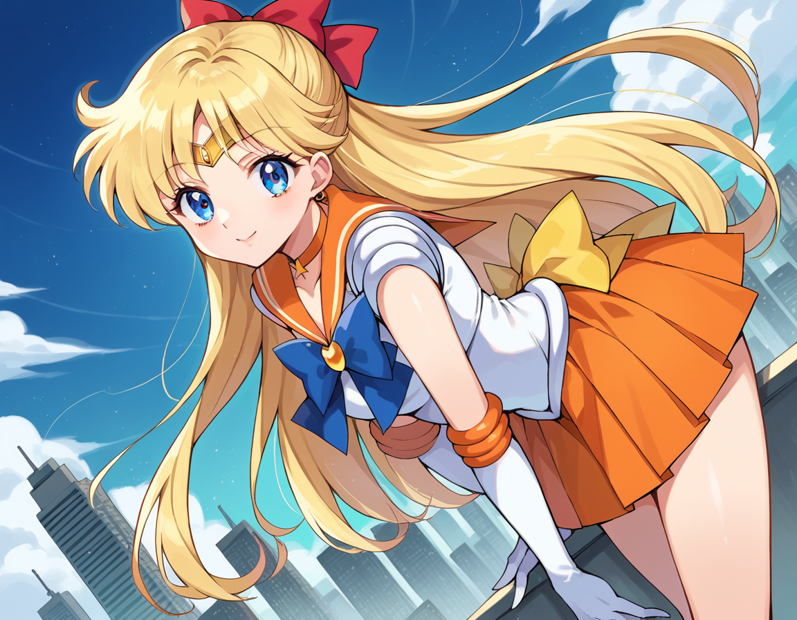 score_9, score_8_up, score_7_up, source_anime,
sailorvenus, <lora:sailor-venus-ponyxl-lora-nochekaiser:1>
sailor venus, blonde hair, blue eyes, bow, hair bow, half updo, long hair, red bow, tiara,
back bow, choker, elbow gloves, gloves, jewelry, magical girl, orange choker, orange sailor collar, orange skirt, sailor collar, sailor senshi uniform, school uniform, serafuku, skirt, white gloves,
outdoors, cityscape, bent over,
looking at viewer, cowboy shot, dutch angle,