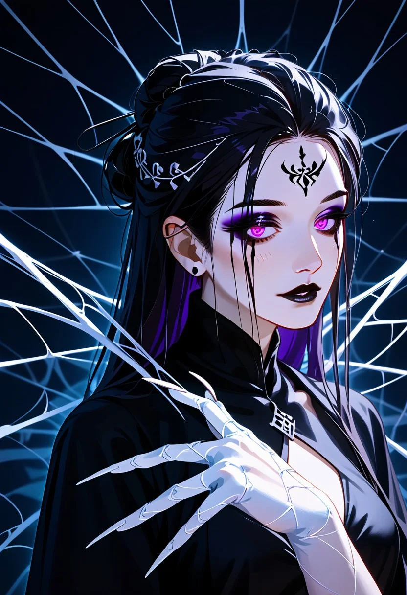 The image is a high-resolution photograph featuring a young Asian woman in an elaborate,Upper body,close-up of character, gothic-inspired costume. She stands in front of a background that resembles a spider web,with intricate,glowing purple lines creating a web-**** pattern. The woman's skin is pale,and she has striking,dark purple eyeshadow that accentuates her almond-shaped eyes,which are framed by thick,black eyeliner. Her lips are painted a deep,dark purple,matching her eyeshadow., Her hair is styled in a high,elegant bun,with a few loose strands framing her face. Wearing a black dress, adding a layer of texture and depth to her attire. Her right hand is raised,with her fingers splayed,as if she is casting a spell or making a mystical gesture., The overall color palette of the image is dominated by shades of purple,with highlights of black and white,creating a dramatic and mysterious atmosphere.