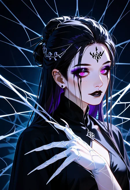 The image is a high-resolution photograph featuring a young Asian woman in an elaborate,Upper body,close-up of character, gothic-inspired costume. She stands in front of a background that resembles a spider web,with intricate,glowing purple lines creating a web-**** pattern. The woman's skin is pale,and she has striking,dark purple eyeshadow that accentuates her almond-shaped eyes,which are framed by thick,black eyeliner. Her lips are painted a deep,dark purple,matching her eyeshadow., Her hair is styled in a high,elegant bun,with a few loose strands framing her face. Wearing a black dress, adding a layer of texture and depth to her attire. Her right hand is raised,with her fingers splayed,as if she is casting a spell or making a mystical gesture., The overall color palette of the image is dominated by shades of purple,with highlights of black and white,creating a dramatic and mysterious atmosphere.